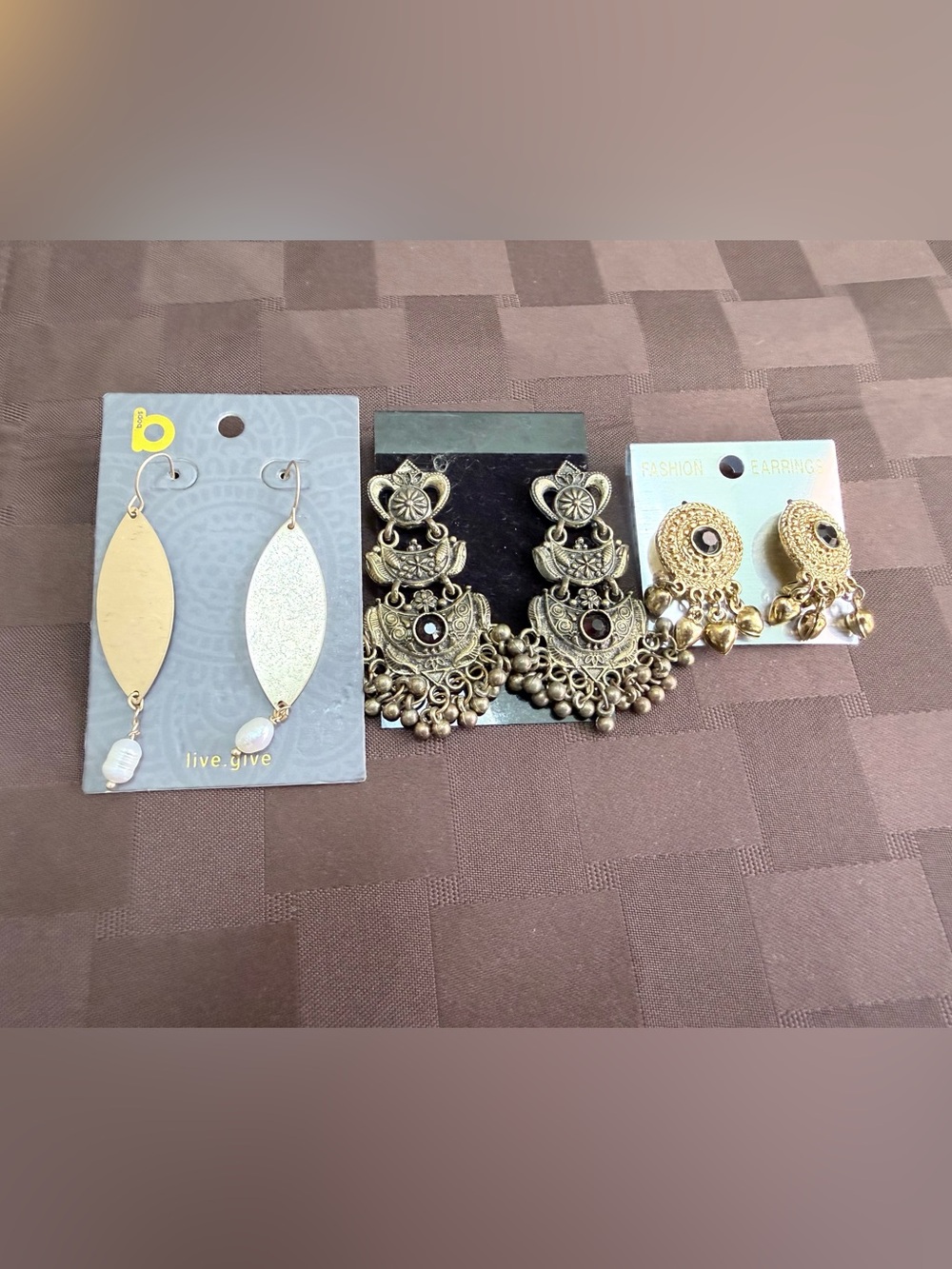Boho Statement Earring Lot - 3 Pairs (Chandelier, Jhumka, Leaf Dangle)